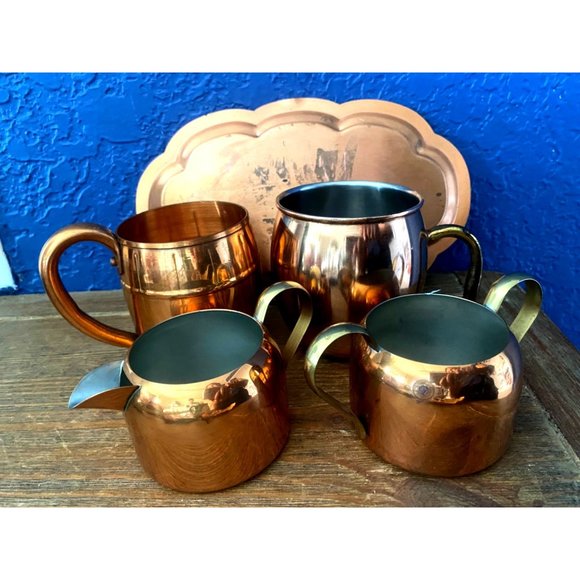 Vintage Copper set of plate and 2 cups and cream and sugar bowl - Picture 9 of 9
